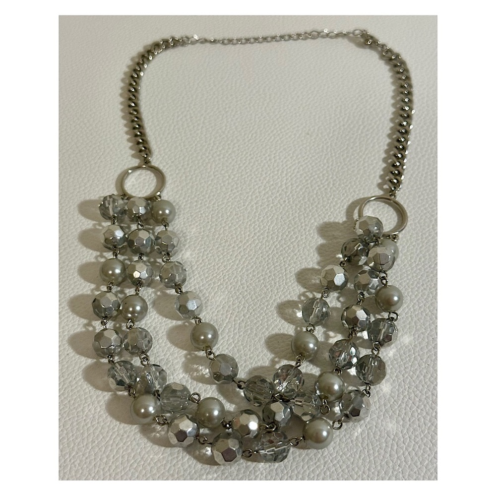 Silver Crystal & Pearl Multi-Strand Statement Necklace · Like New Jewelry